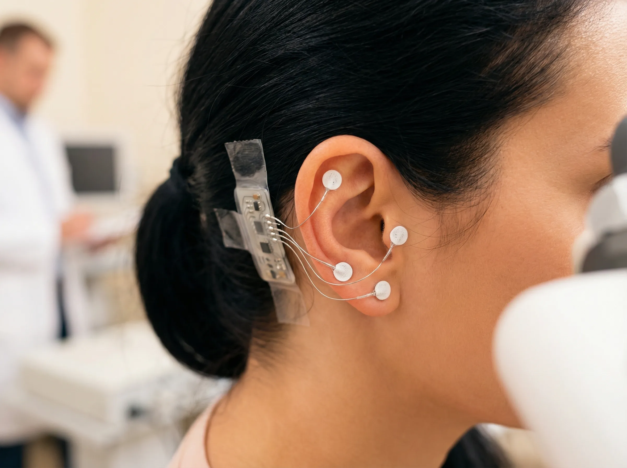 NeuMona device placed on patient ear in clinical setting
