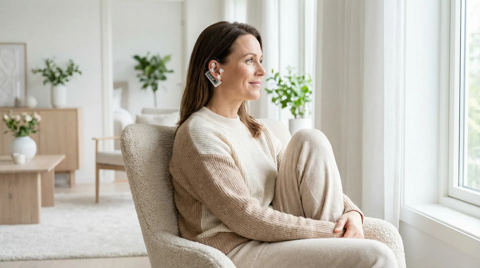 Patient wearing the NeuMona neurostimulation device behind the ear