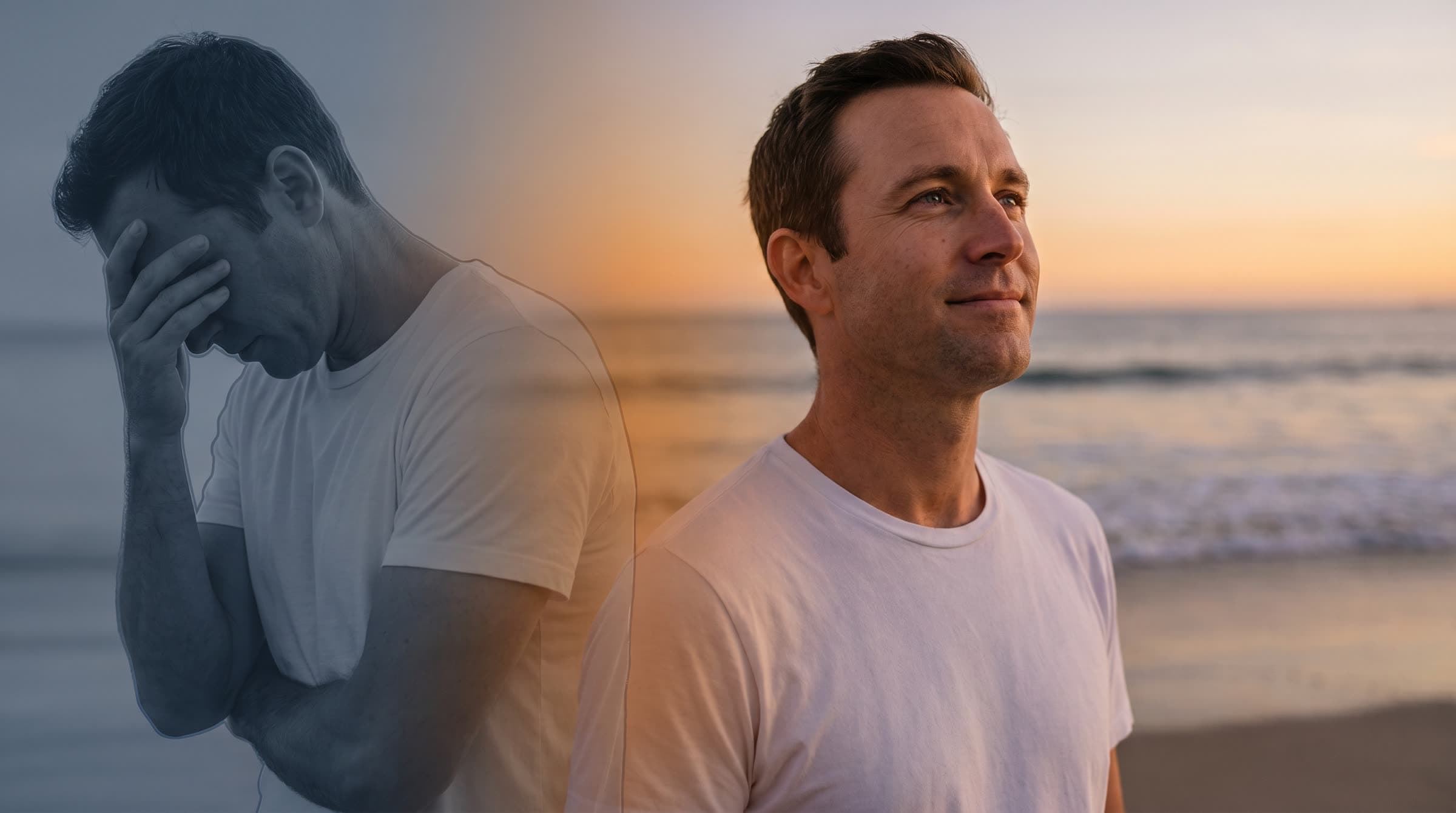 A man's transformation from opioid withdrawal discomfort to a calm state of recovery at sunset